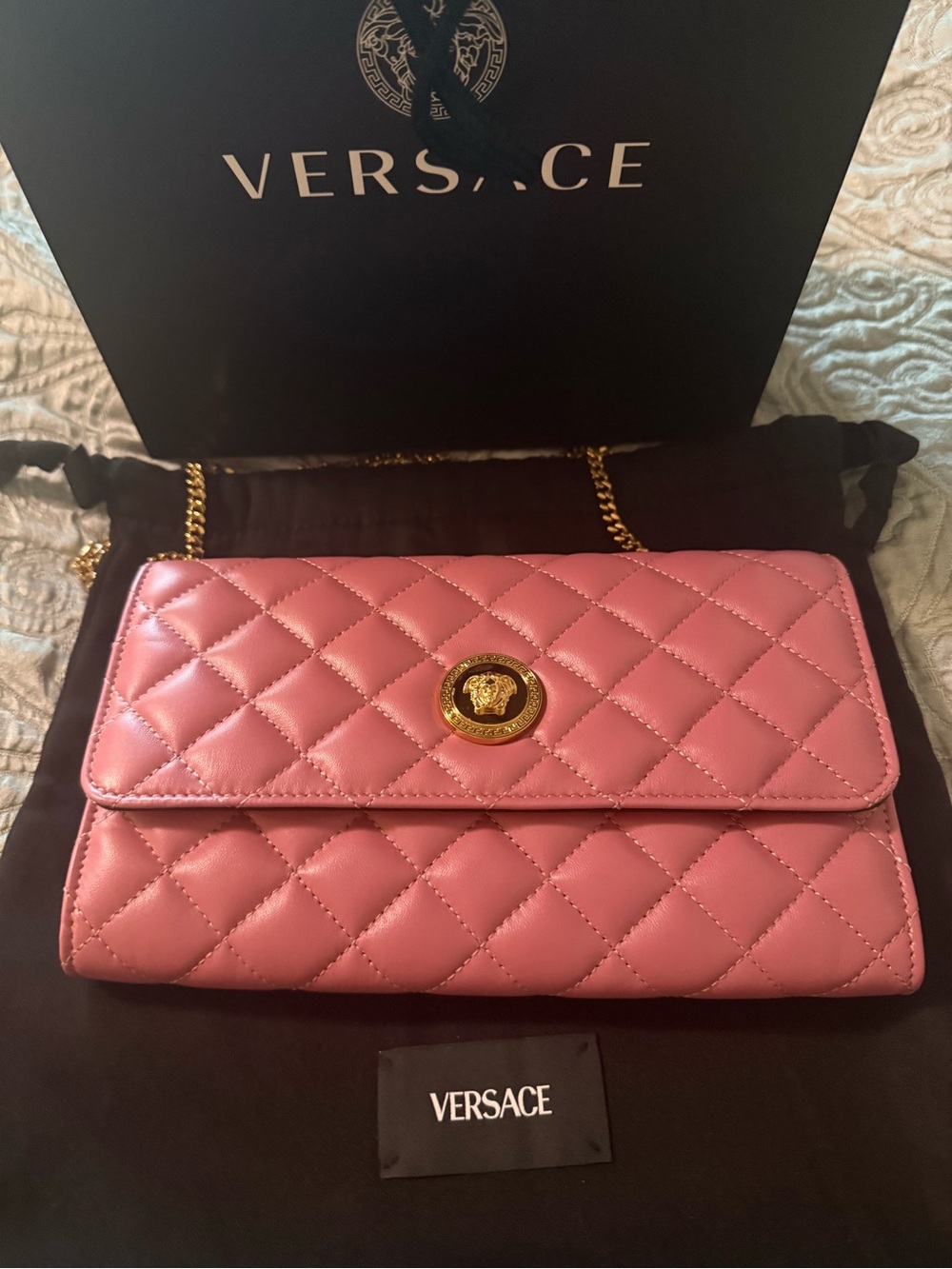 Versace Pink Quilted Leather Shoulder Bag with Gold Medallion